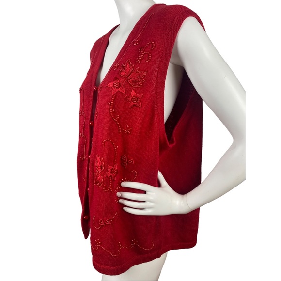 Vintage Requirements Red Knit Ugly Christmas Vest Beaded Embroider Women’s Sz 1X - Picture 4 of 13